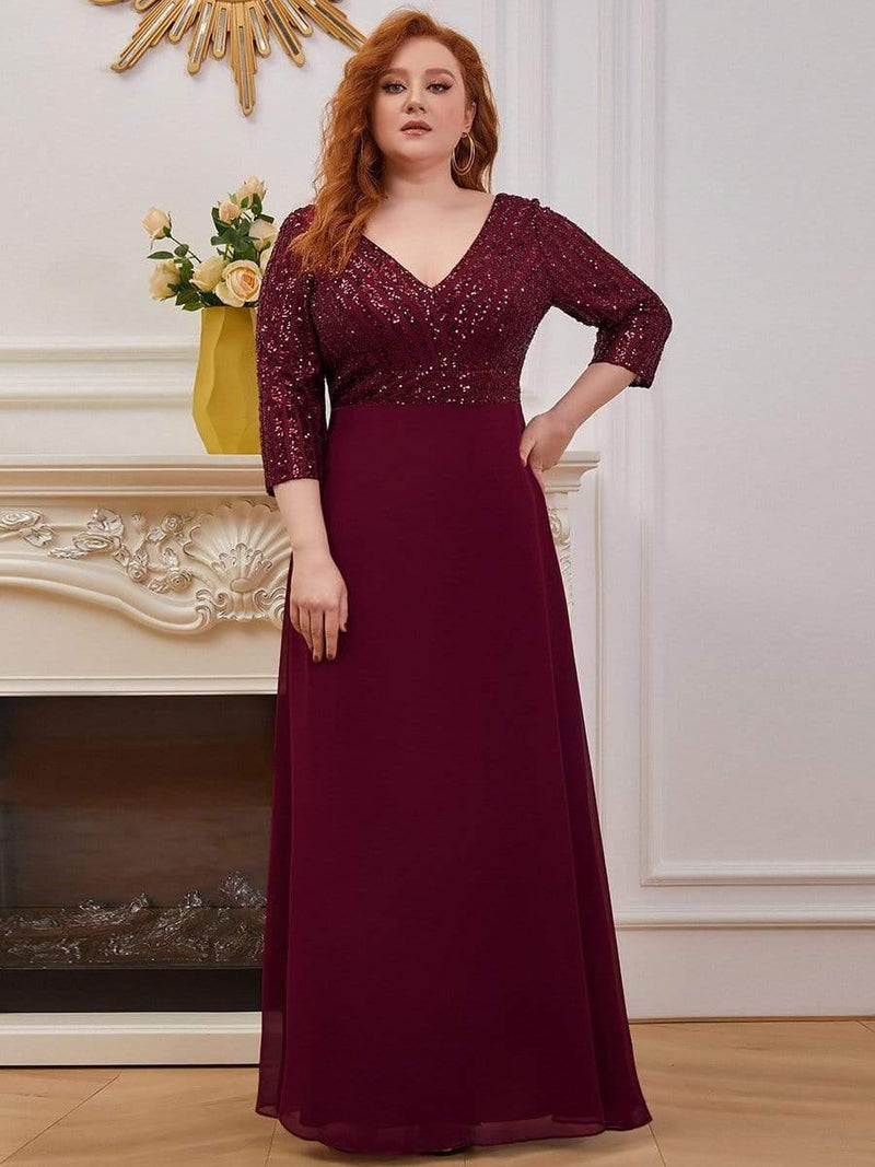 pretty LUENA|Plus Size Sexy V Neck A-Line Sequin Evening Dress with Sleeve