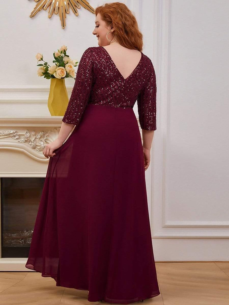 pretty LUENA|Plus Size Sexy V Neck A-Line Sequin Evening Dress with Sleeve