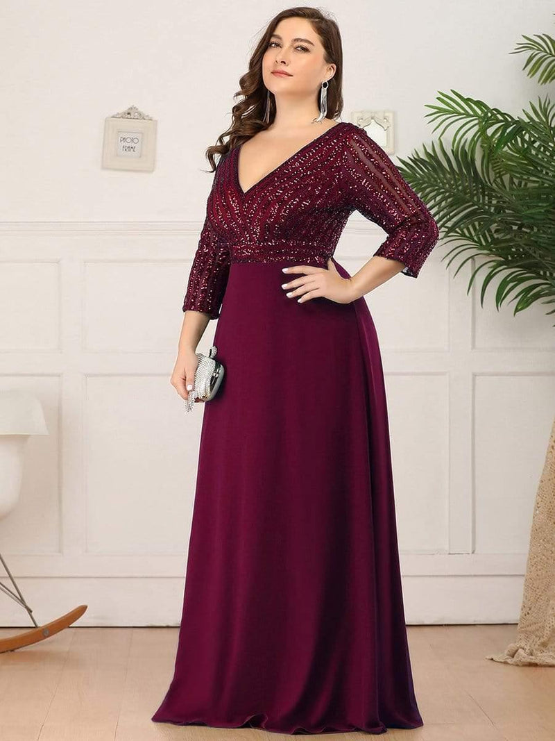 pretty LUENA|Plus Size Sexy V Neck A-Line Sequin Evening Dress with Sleeve