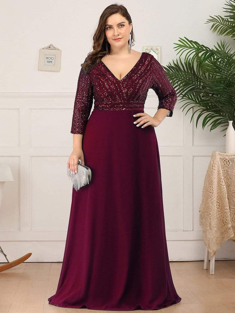 pretty LUENA|Plus Size Sexy V Neck A-Line Sequin Evening Dress with Sleeve