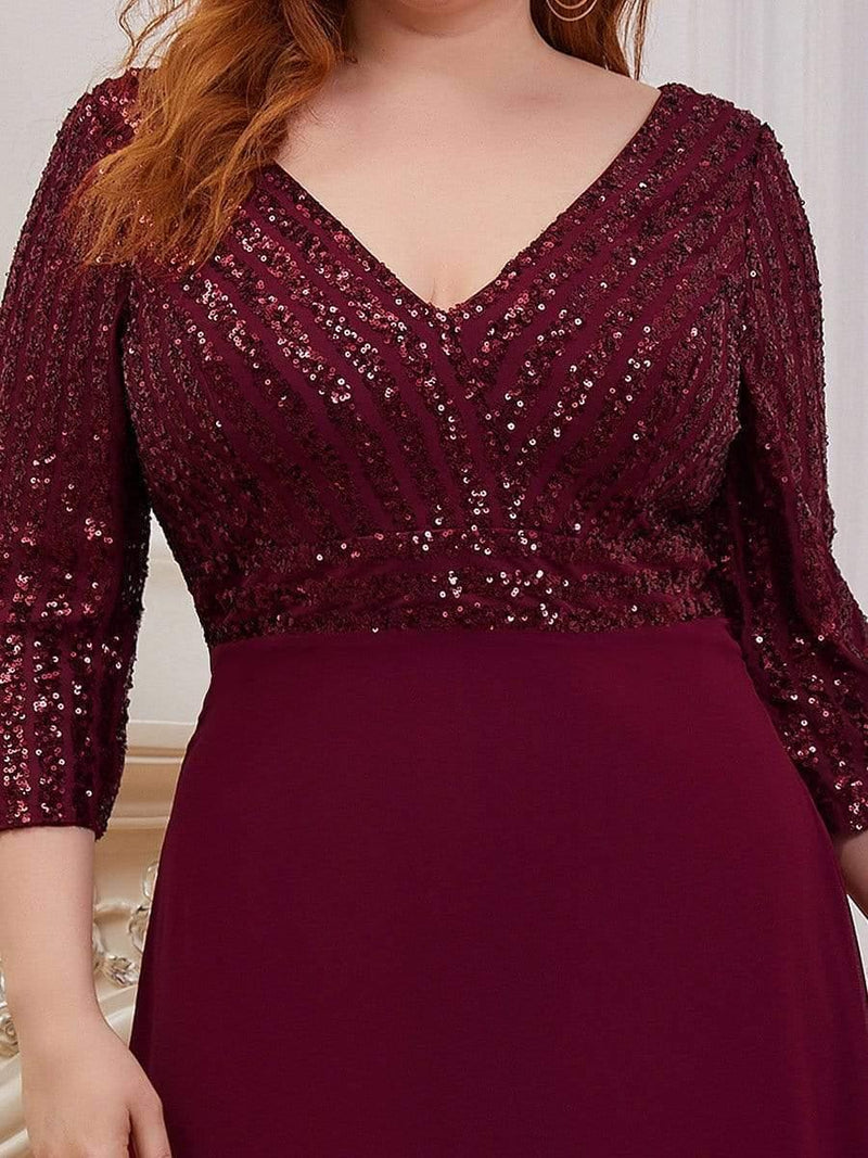 pretty LUENA|Plus Size Sexy V Neck A-Line Sequin Evening Dress with Sleeve