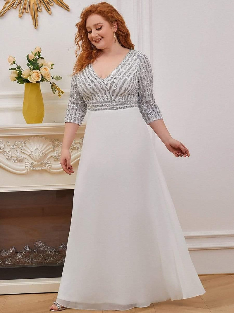 pretty LUENA|Plus Size Sexy V Neck A-Line Sequin Evening Dress with Sleeve
