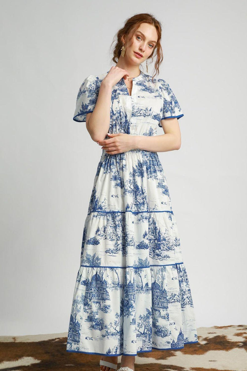Umgee Full Size Landscape Print Short Sleeve Tiered Maxi Blue Toile Dress Plus Size