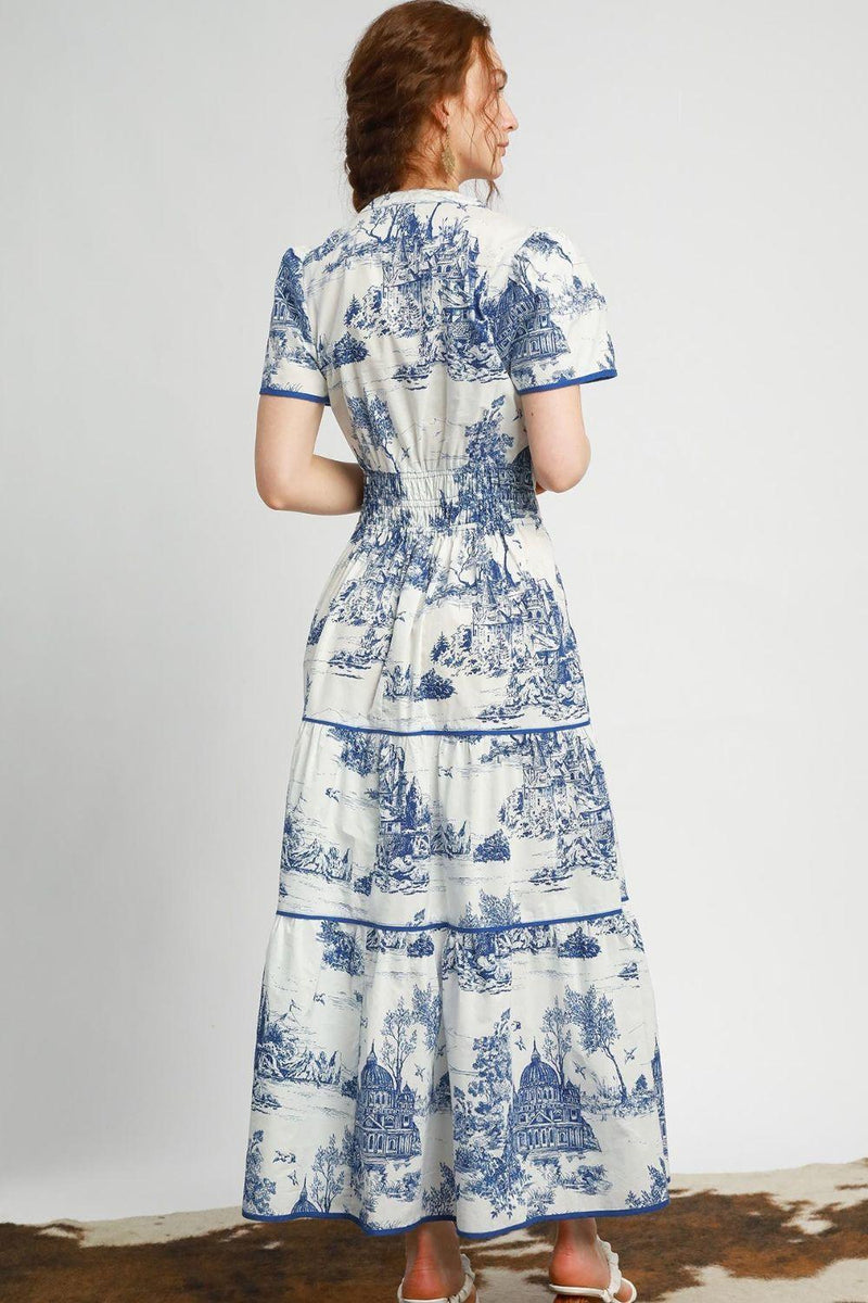 Umgee Full Size Landscape Print Short Sleeve Tiered Maxi Blue Toile Dress Plus Size