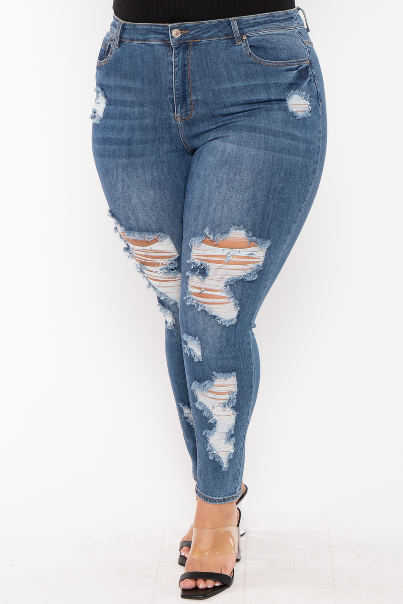 Plus Size Destroyed  High Waist  Jean - Medium Wash