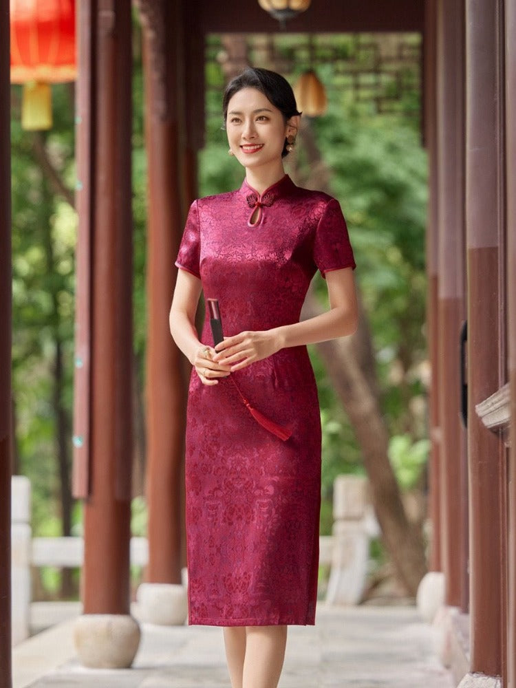 Plus size, red&pink midi Cheongsam for mothers