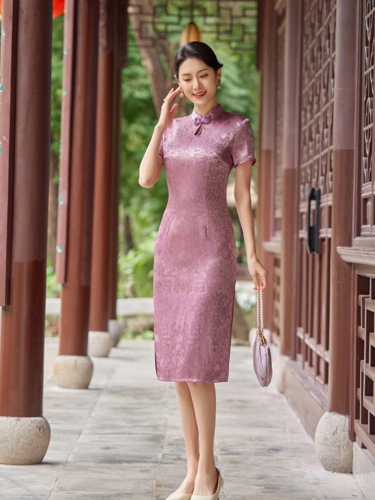Plus size, red&pink midi Cheongsam for mothers