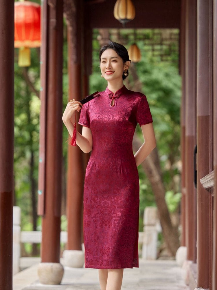 Plus size, red&pink midi Cheongsam for mothers