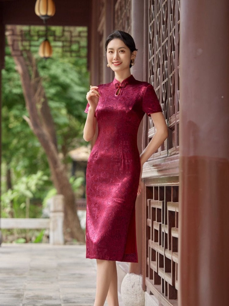 Plus size, red&pink midi Cheongsam for mothers