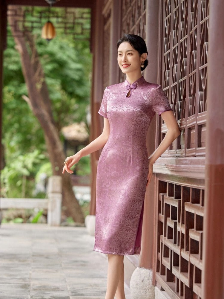 Plus size, red&pink midi Cheongsam for mothers