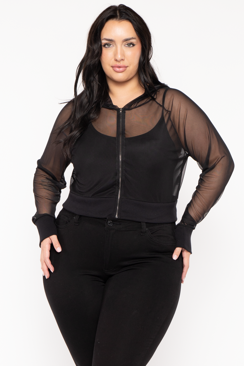 Plus Size Ember Mesh Hoodie Top-Black