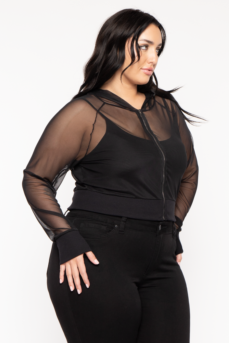 Plus Size Ember Mesh Hoodie Top-Black