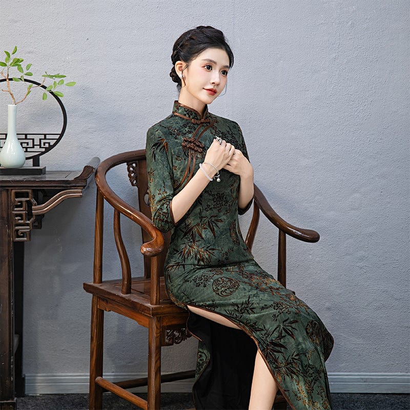 Floral pattern, plus size long Cheongsam