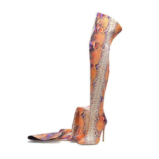 Slytherin - Drag Queen Snakeskin Print Over The knee Boots - Plus Size