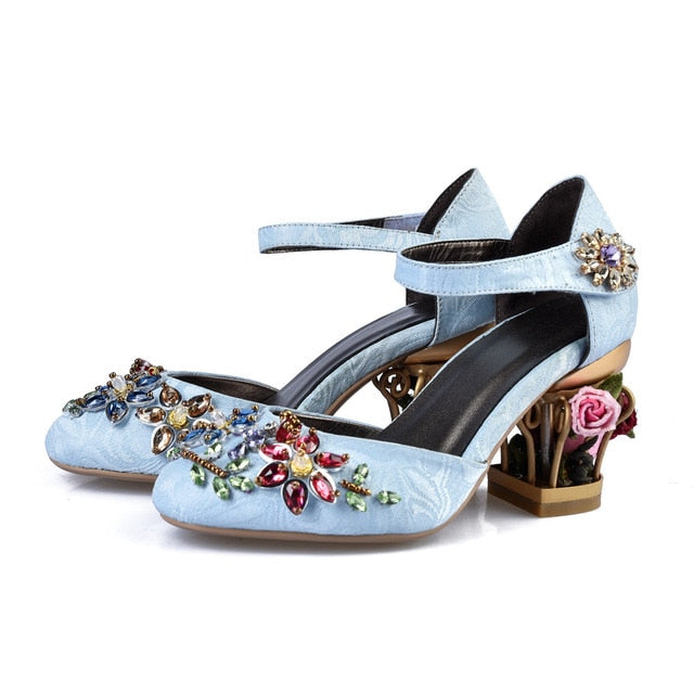 Mary Jane Shoes Woman Velvet with Crystal Flower Med Fretwork Heels Wedding Party Shoes for Women plus size MENG02 MUYISEXI