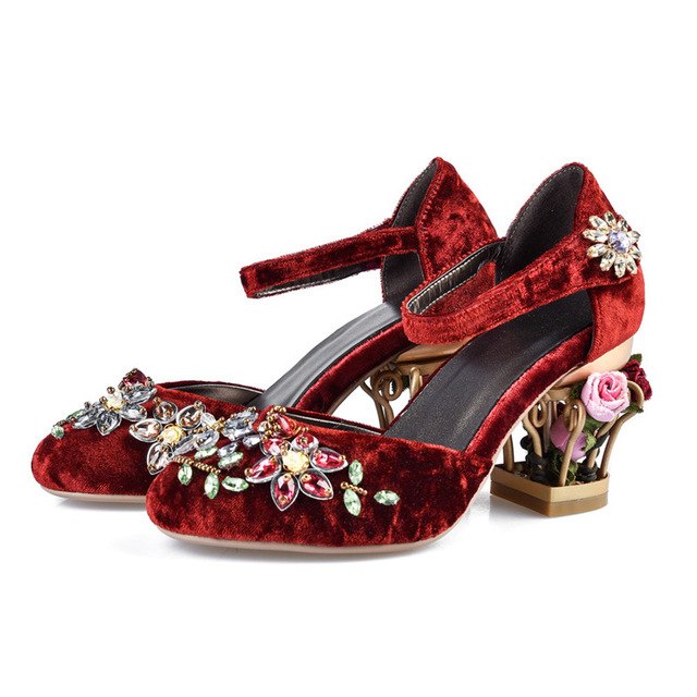 Mary Jane Shoes Woman Velvet with Crystal Flower Med Fretwork Heels Wedding Party Shoes for Women plus size MENG02 MUYISEXI