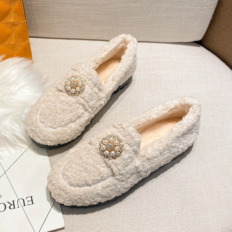 Women's Outdoor Shoes Autumn And Winter Lamb Wool Flat Bottom Slip-on Thick Bottom Plus Size