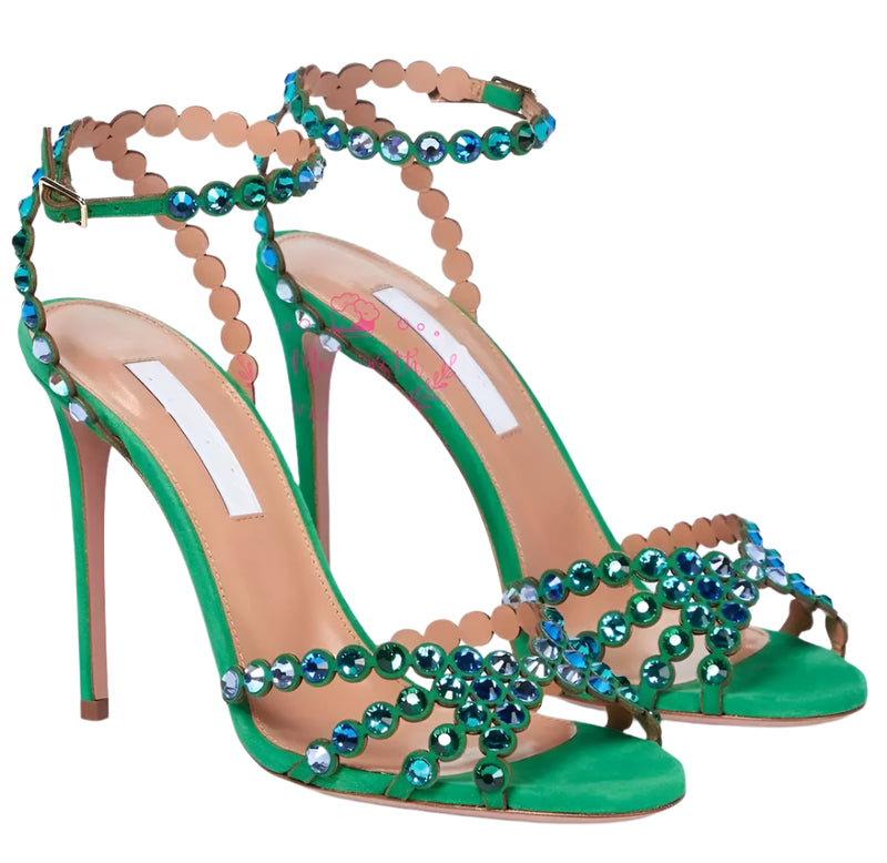 Crystal Embellished PVC Sandals – Clear Transparent Straps, Rhinestone Ankle Strap, Leather Sole, Party Shoes, Plus Size 43