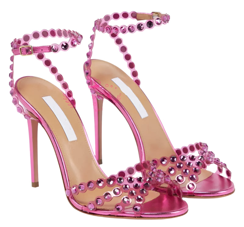 Crystal Embellished PVC Sandals – Clear Transparent Straps, Rhinestone Ankle Strap, Leather Sole, Party Shoes, Plus Size 43