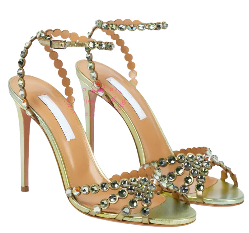 Crystal Embellished PVC Sandals – Clear Transparent Straps, Rhinestone Ankle Strap, Leather Sole, Party Shoes, Plus Size 43