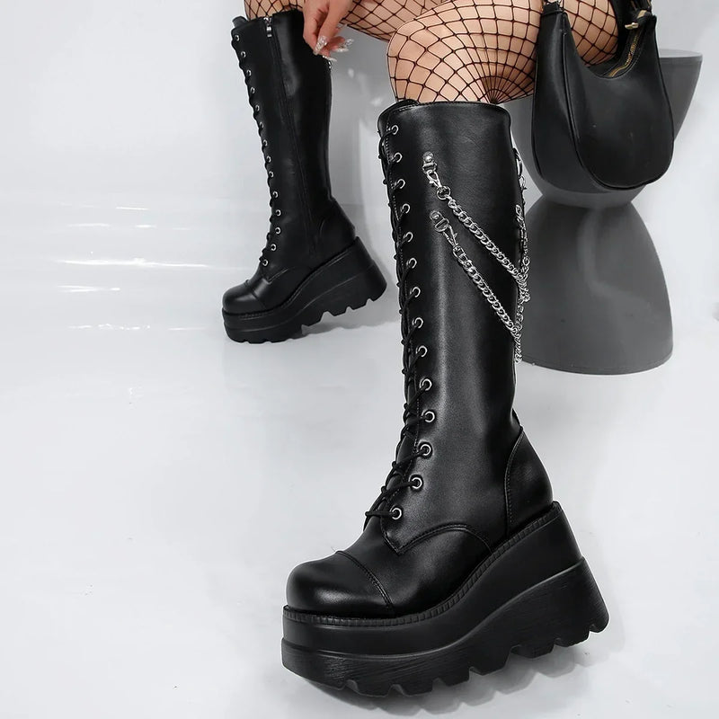 Plus Size Women's Goth Mid-Calf Platform Boots - Round Toe, Chunky Heel, Side Zipper, Punk Chain Detail, Height Increase, 2024 Fashion