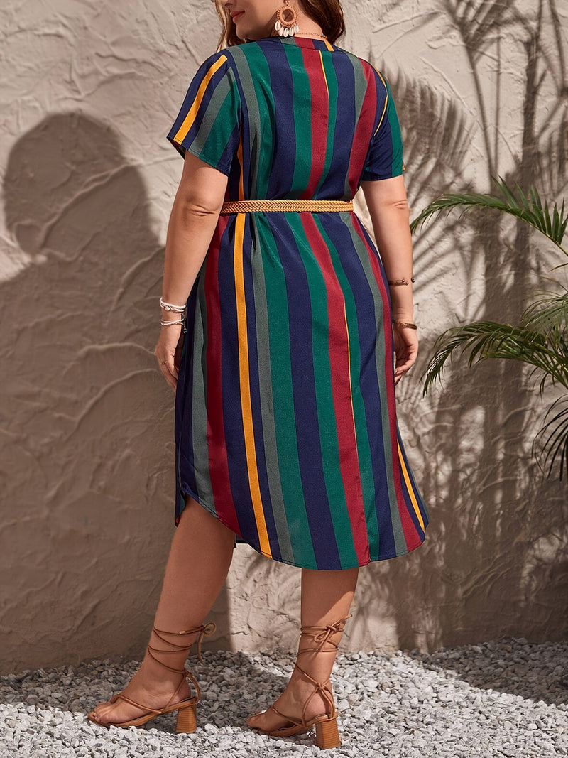 Plus Size Striped Pattern Dress, Notched Neck Short Sleeve Casual Dress, Women's Plus Size Clothing