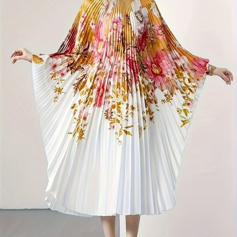 Plus Size Floral Print Pleated Dress, Elegant Batwing Sleeve Crew Neck Dress For Spring & Summer, Women's Plus SizeClothing