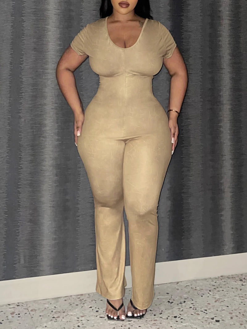 LW Plus Size women's clothing U Neck Skinny Flared Jumpsuit summer short sleeve jumpsuit Casual Skinny Fashion Overall Outfit