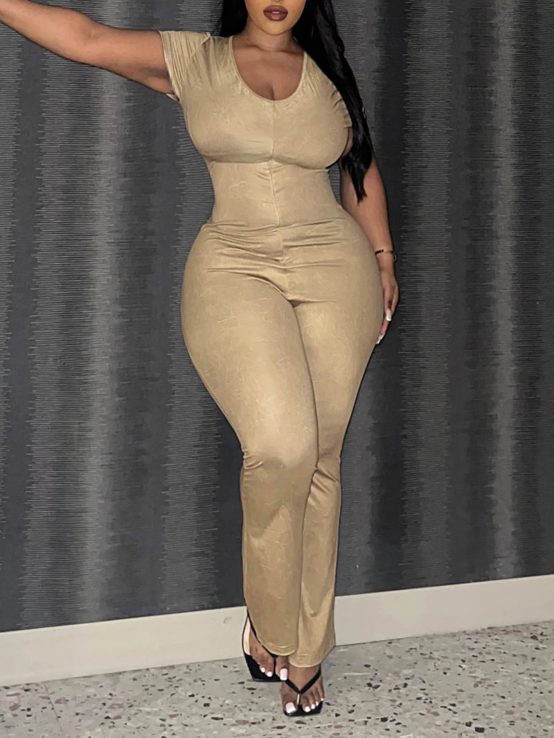 LW Plus Size women's clothing U Neck Skinny Flared Jumpsuit summer short sleeve jumpsuit Casual Skinny Fashion Overall Outfit