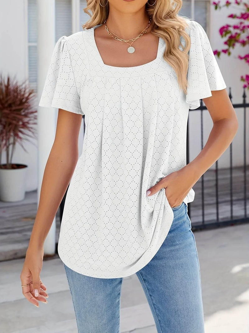 Plus Size Eyelet Solid Pleated T-Shirt Casual Short Sleeve Top For Spring & Summer Women's Plus Size Clothing