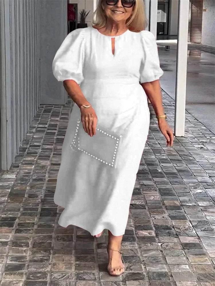 Plus-size women's dress casual fashion solid color round collar frock sleeves women's plus-size clothing