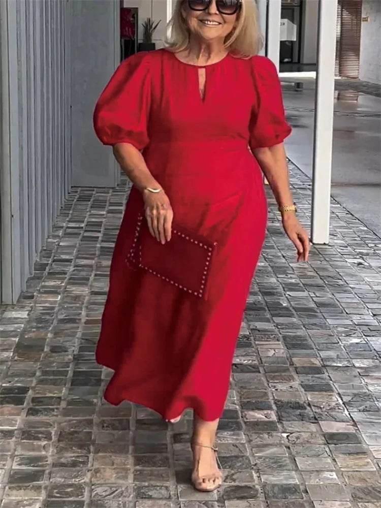 Plus-size women's dress casual fashion solid color round collar frock sleeves women's plus-size clothing