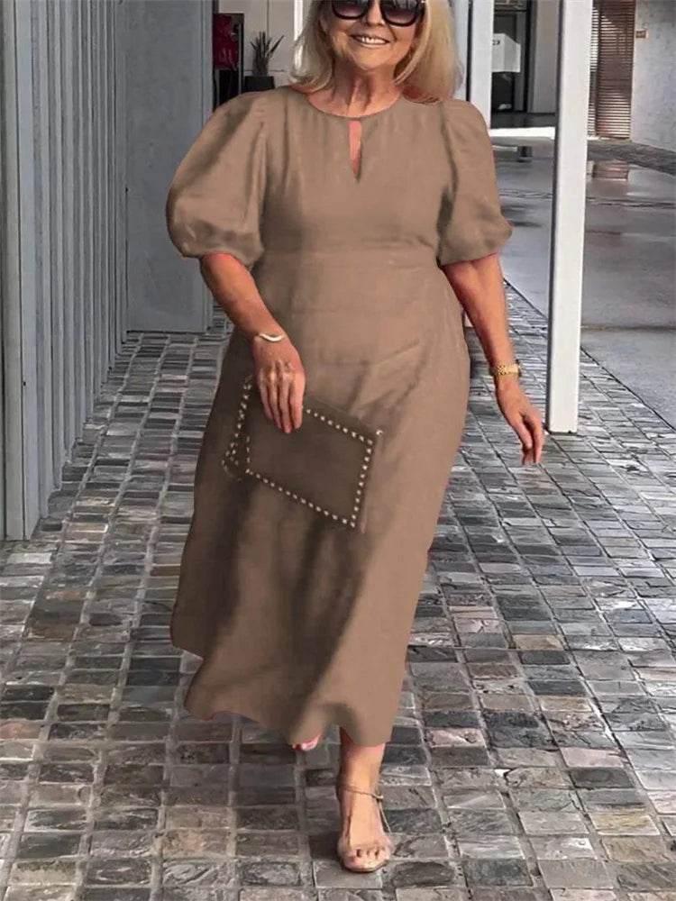 Plus-size women's dress casual fashion solid color round collar frock sleeves women's plus-size clothing
