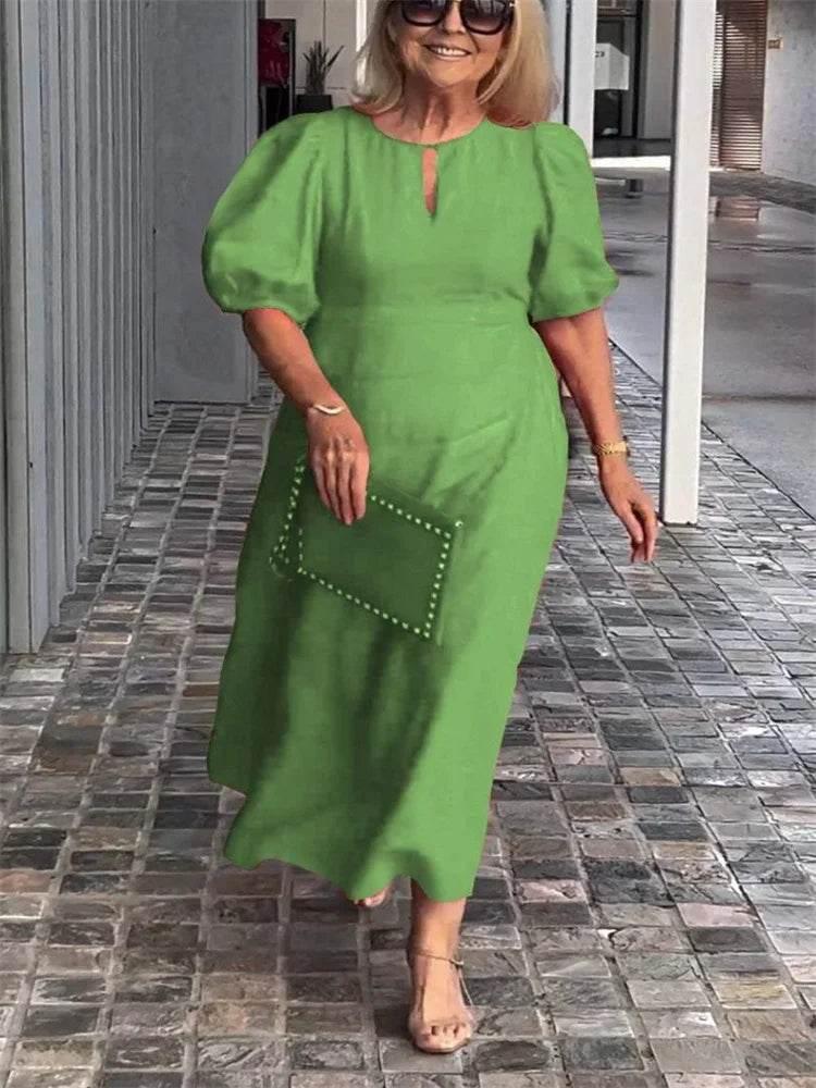 Plus-size women's dress casual fashion solid color round collar frock sleeves women's plus-size clothing