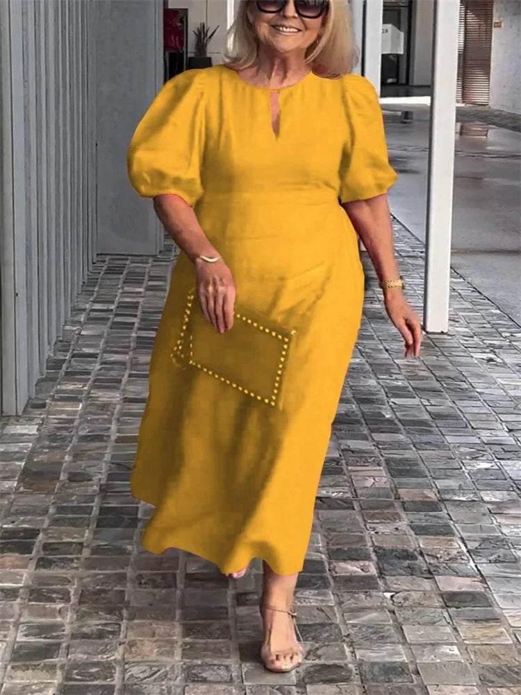 Plus-size women's dress casual fashion solid color round collar frock sleeves women's plus-size clothing