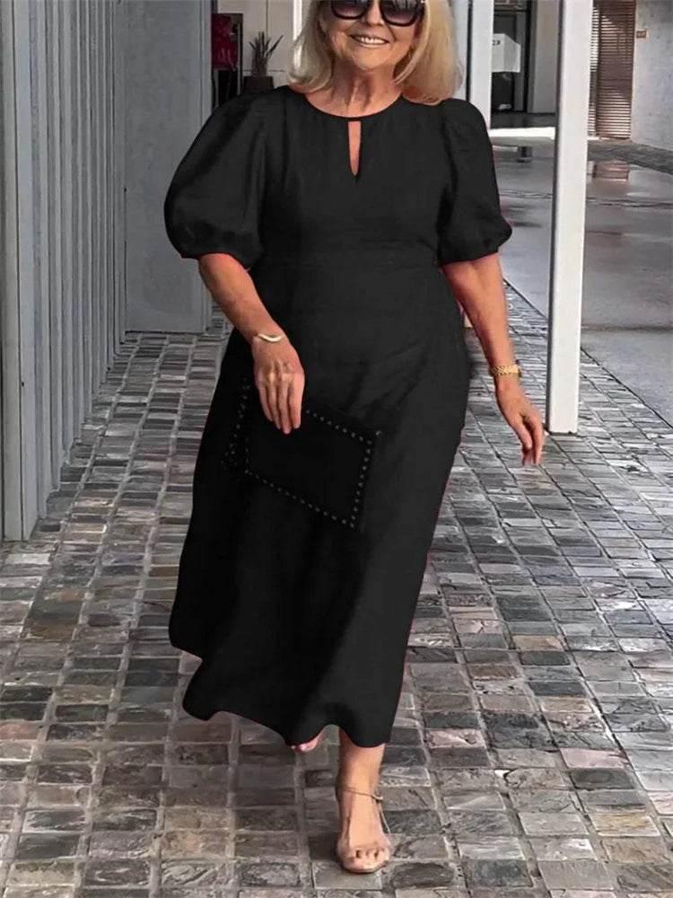 Plus-size women's dress casual fashion solid color round collar frock sleeves women's plus-size clothing
