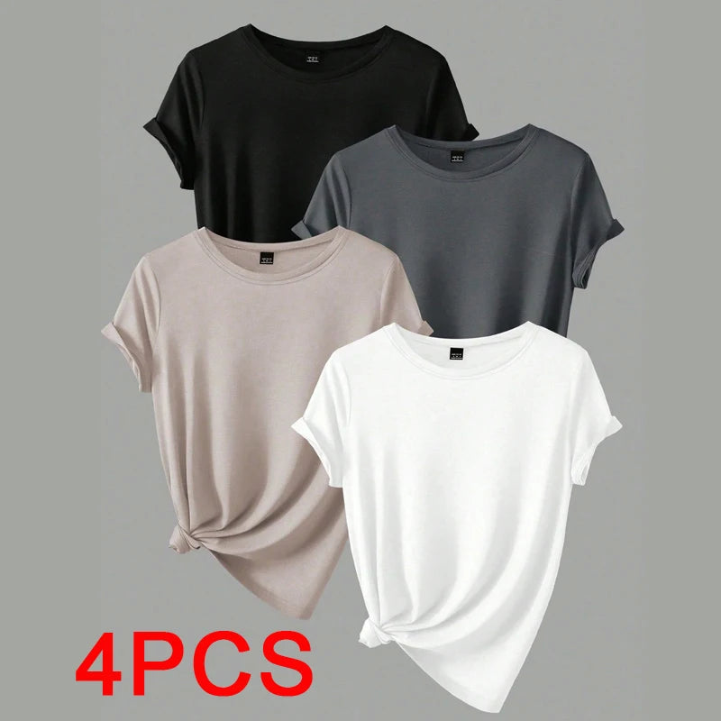 4PCS Women's Trend T-shirts Leisure Summer Tops Woman Clothing Plus Size Short Sleeve T Shirt Clothes for Women Tee Top Outfit