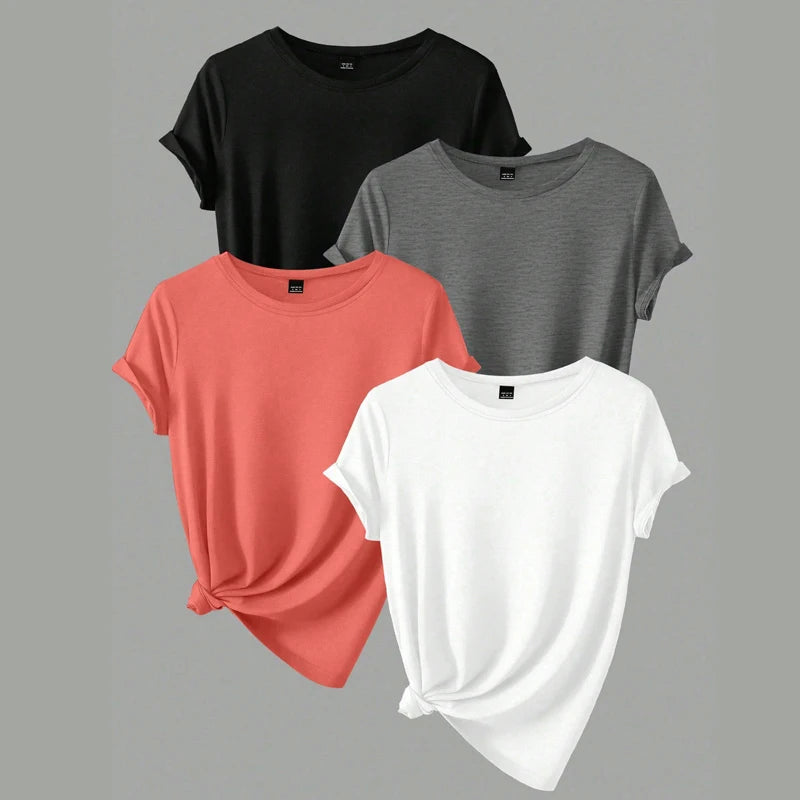 4PCS Women's Trend T-shirts Leisure Summer Tops Woman Clothing Plus Size Short Sleeve T Shirt Clothes for Women Tee Top Outfit