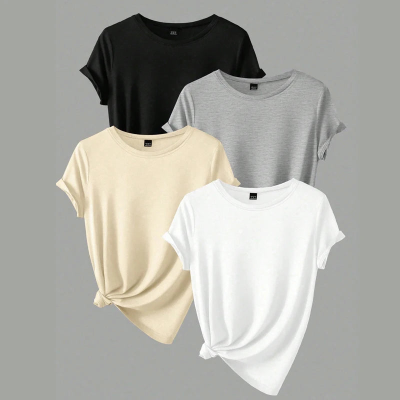 4PCS Women's Trend T-shirts Leisure Summer Tops Woman Clothing Plus Size Short Sleeve T Shirt Clothes for Women Tee Top Outfit
