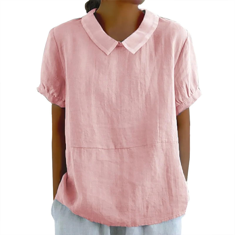 Generic Women's Summer Cotton and Linen Thin Breathable Tops Loose Plus Size Short Sleeve Lapel T Shirt Summer Blouse Clothes(Red, XXL), XX-Large