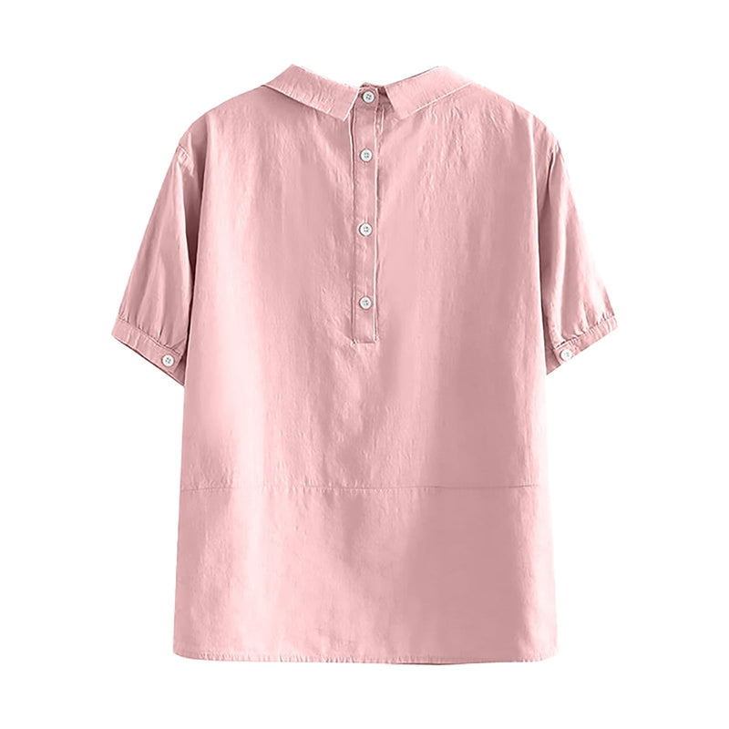 Generic Women's Summer Cotton and Linen Thin Breathable Tops Loose Plus Size Short Sleeve Lapel T Shirt Summer Blouse Clothes(Red, XXL), XX-Large