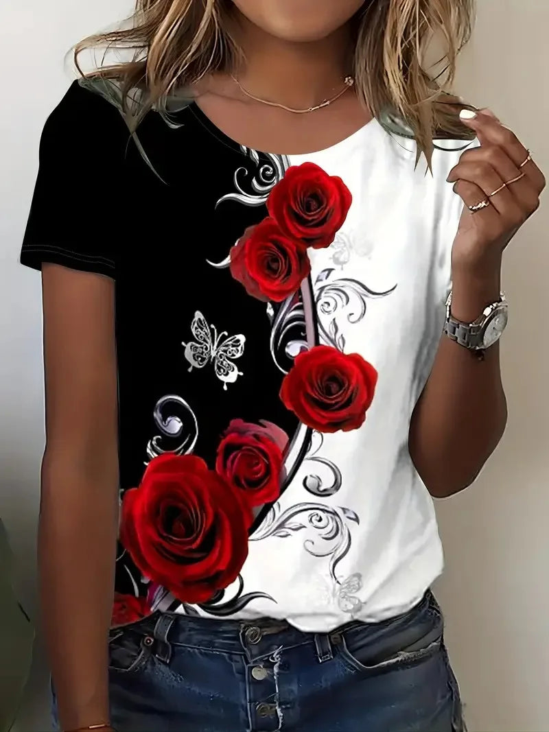 Plus Size Women's Clothes Rose Print Color Block T-shirt Casual Crew Neck Short Sleeve T-shirt Women's Clothing