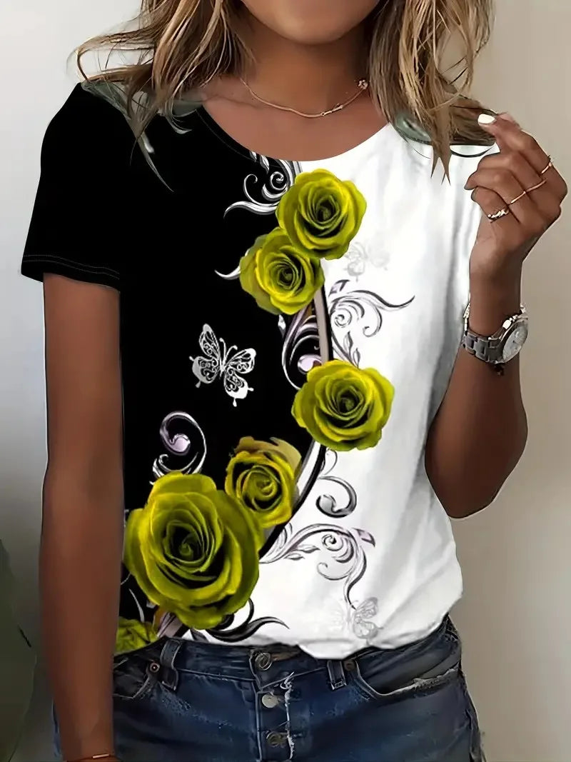 Plus Size Women's Clothes Rose Print Color Block T-shirt Casual Crew Neck Short Sleeve T-shirt Women's Clothing