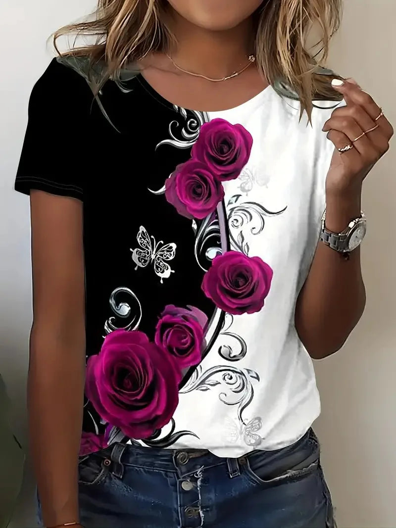 Plus Size Women's Clothes Rose Print Color Block T-shirt Casual Crew Neck Short Sleeve T-shirt Women's Clothing
