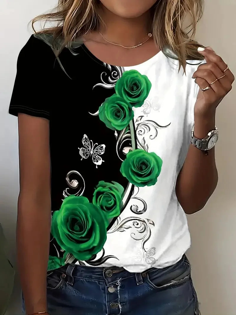 Plus Size Women's Clothes Rose Print Color Block T-shirt Casual Crew Neck Short Sleeve T-shirt Women's Clothing