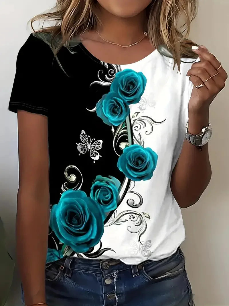 Plus Size Women's Clothes Rose Print Color Block T-shirt Casual Crew Neck Short Sleeve T-shirt Women's Clothing