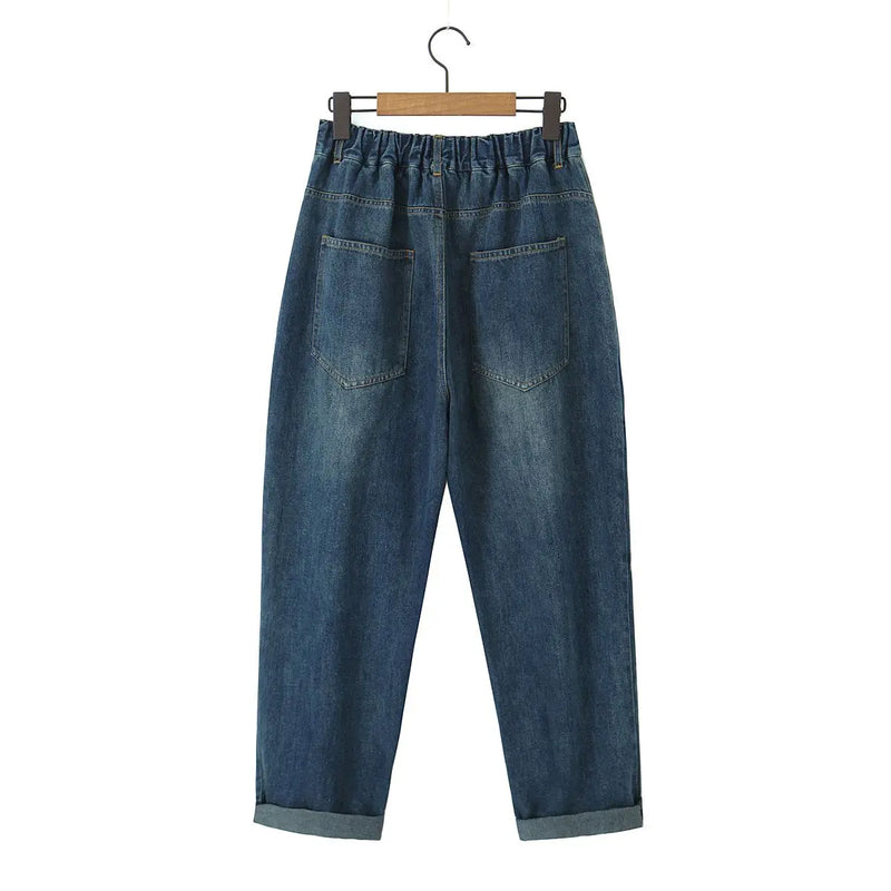 2023 Autumn Good Quality Clothes Women Jeans Plus Size Fake Hole Print Denim Harem Pants Fashion Vintage Classic Curve Bottoms