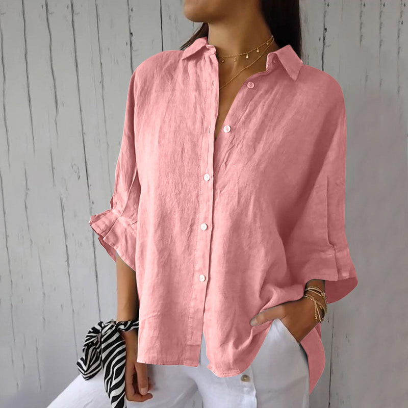 FOCLMP Women Button Down Shirts Cotton Linen Blouse Tops 3/4 Sleeve Gauze Collar Shirt Tunic Loose Fit Fashion Trendy Clothes Summer Tops for Women 2024 Trendy Plus Size Pink S