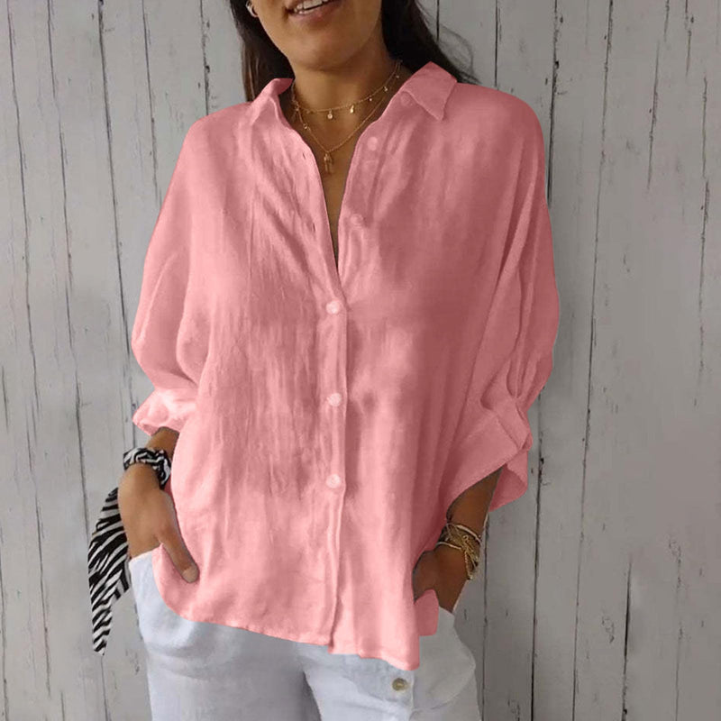 FOCLMP Women Button Down Shirts Cotton Linen Blouse Tops 3/4 Sleeve Gauze Collar Shirt Tunic Loose Fit Fashion Trendy Clothes Summer Tops for Women 2024 Trendy Plus Size Pink S
