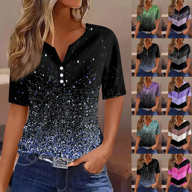 Women's V-Neck T Shirt Short Sleeve Tshirts Summer Casual Clothing Fashions Streetwear Pullover Buttons Clothing Plus Size Tops